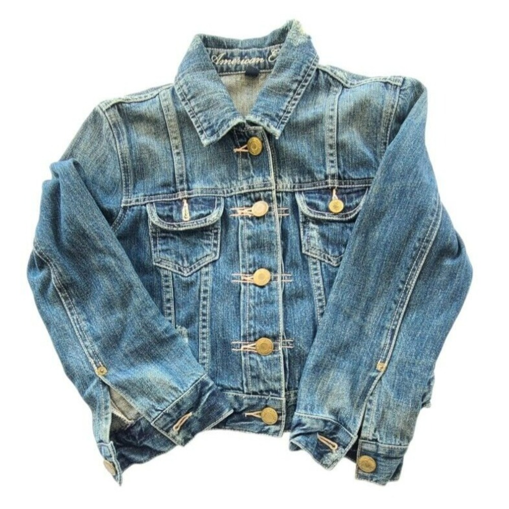 American Eagle Womens Distressed Denim Jacket Medium Wash Cropped Trucker S‎ P
